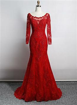 Picture of Red Color Lace Mermaid Long Sleeves Pretty Evening Gown, Red Color Lace Wedding Party Dresses